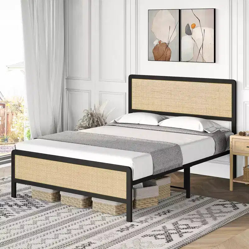 Struttura letto con testiera/pediera in rattan, struttura letto a piattaforma, struttura letto moderna di metà secolo/non necessita di rete a molle/facile montaggio/senza rumore