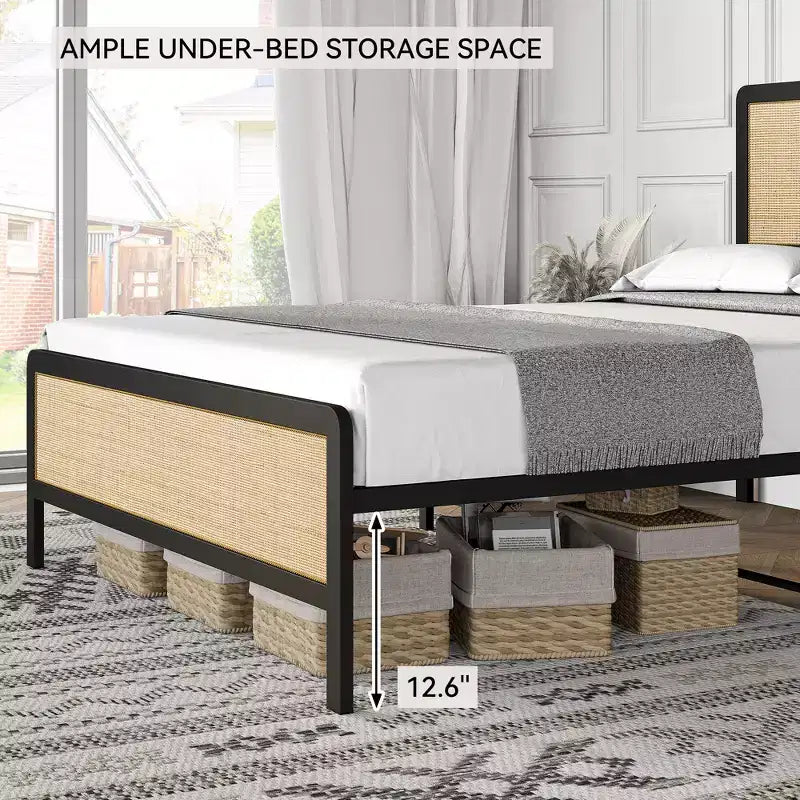 Struttura letto con testiera/pediera in rattan, struttura letto a piattaforma, struttura letto moderna di metà secolo/non necessita di rete a molle/facile montaggio/senza rumore