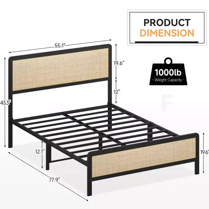 Struttura letto con testiera/pediera in rattan, struttura letto a piattaforma, struttura letto moderna di metà secolo/non necessita di rete a molle/facile montaggio/senza rumore