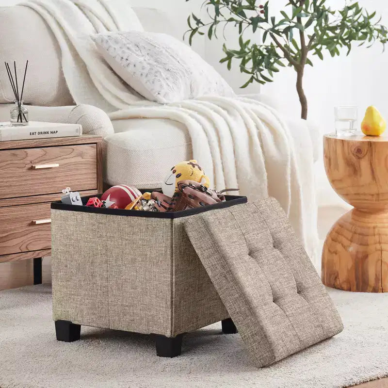 Pouf contenitore in lino quadrato da 38 cm con gambe