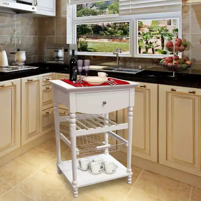 Carrello da Cucina Euro con 1 Cassetto, 2 Ripiani e 1 Cesto, Bianco