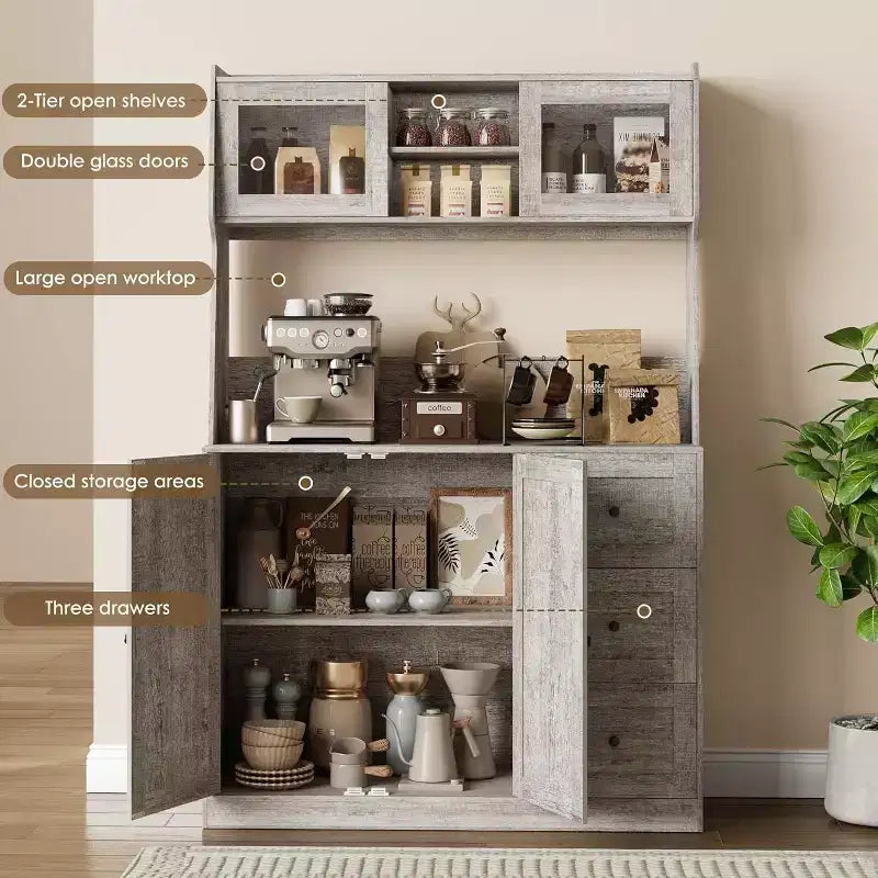 Mobiletto regolabile alto 67 pollici con ante in vetro temperato, piano spazioso, mobiletto moderno per cucina, angolo caffè, organizer da ufficio