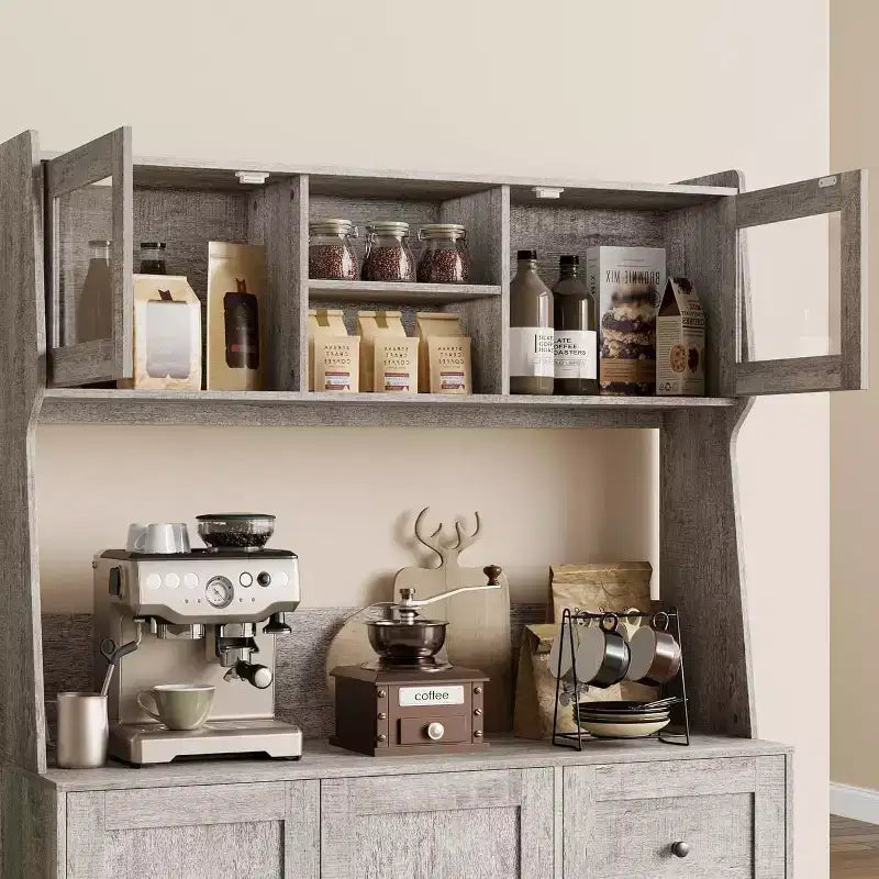 Mobiletto regolabile alto 67 pollici con ante in vetro temperato, piano spazioso, mobiletto moderno per cucina, angolo caffè, organizer da ufficio