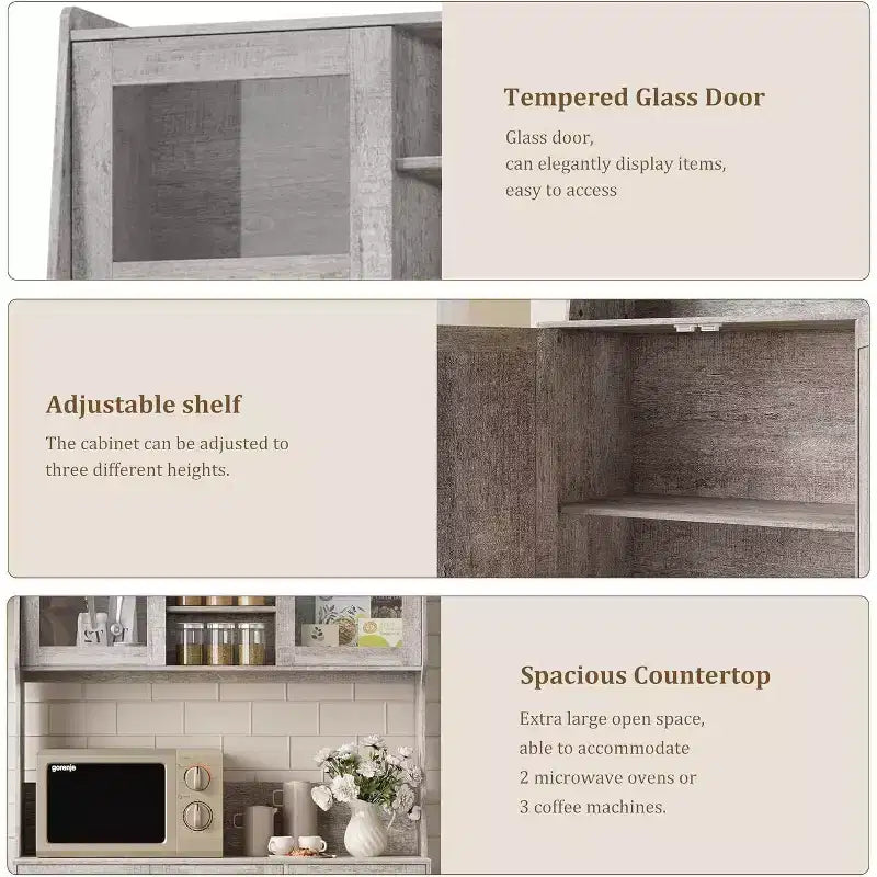 Mobiletto regolabile alto 67 pollici con ante in vetro temperato, piano spazioso, mobiletto moderno per cucina, angolo caffè, organizer da ufficio