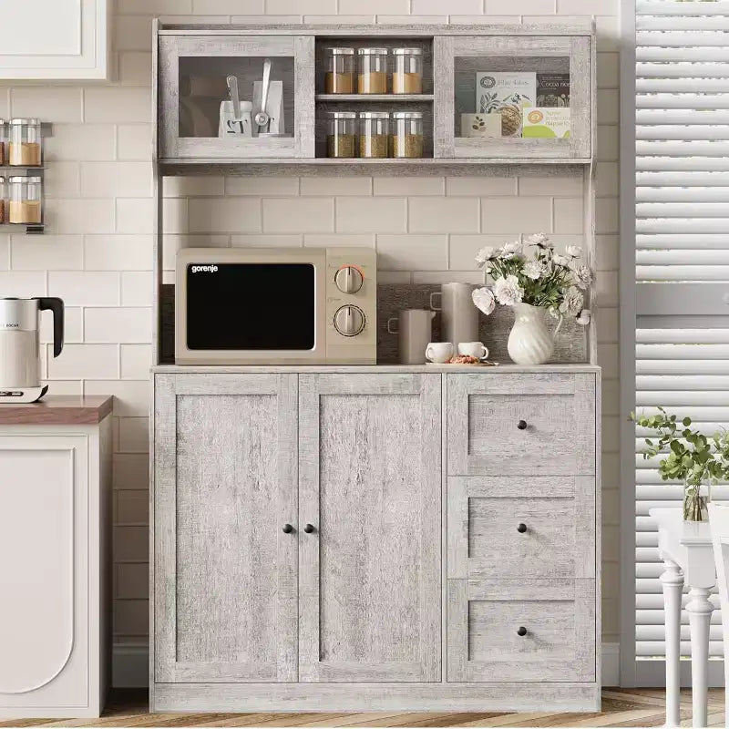 Mobiletto regolabile alto 67 pollici con ante in vetro temperato, piano spazioso, mobiletto moderno per cucina, angolo caffè, organizer da ufficio