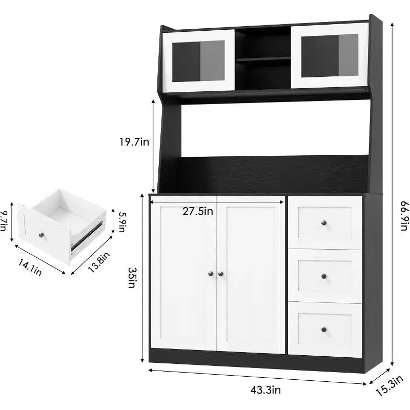 Mobiletto regolabile alto 67 pollici con ante in vetro temperato, piano spazioso, mobiletto moderno per cucina, angolo caffè, organizer da ufficio