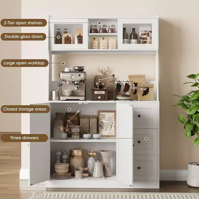 Mobiletto regolabile alto 67 pollici con ante in vetro temperato, piano spazioso, mobiletto moderno per cucina, angolo caffè, organizer da ufficio
