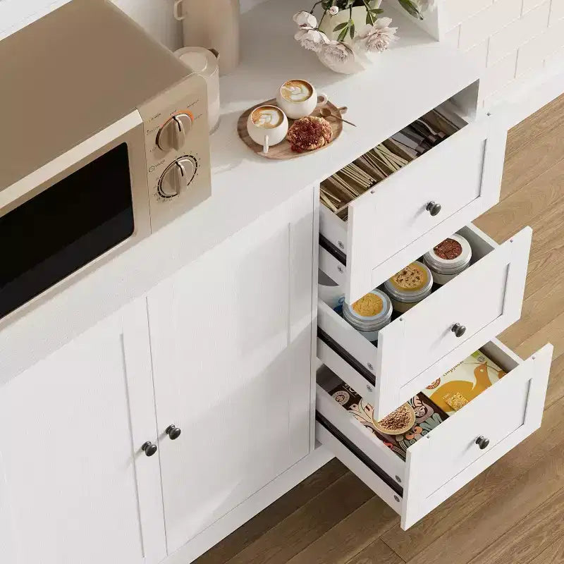 Mobiletto regolabile alto 67 pollici con ante in vetro temperato, piano spazioso, mobiletto moderno per cucina, angolo caffè, organizer da ufficio