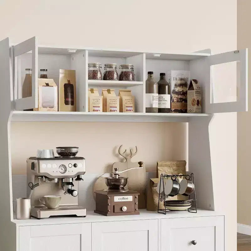 Mobiletto regolabile alto 67 pollici con ante in vetro temperato, piano spazioso, mobiletto moderno per cucina, angolo caffè, organizer da ufficio