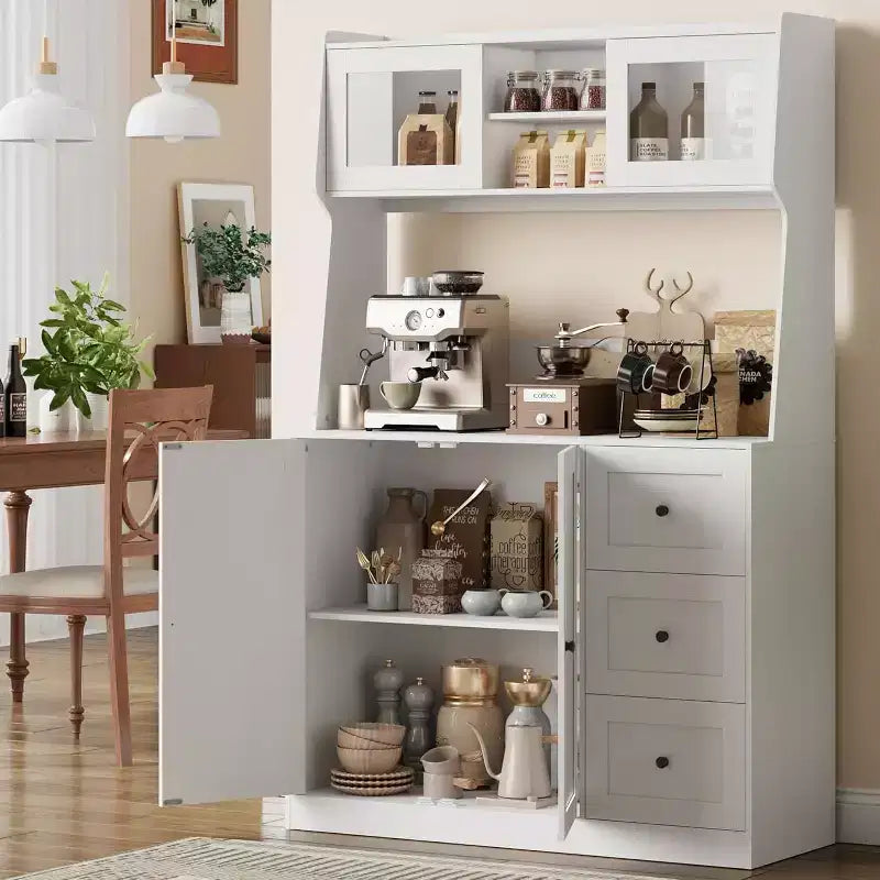 Mobiletto regolabile alto 67 pollici con ante in vetro temperato, piano spazioso, mobiletto moderno per cucina, angolo caffè, organizer da ufficio