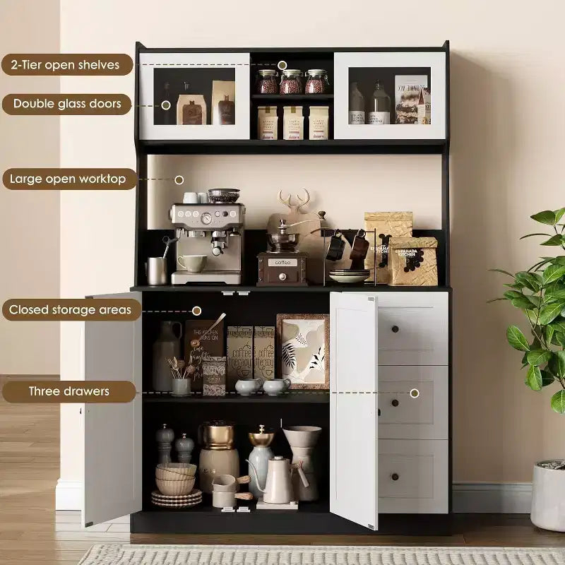 Mobiletto regolabile alto 67 pollici con ante in vetro temperato, piano spazioso, mobiletto moderno per cucina, angolo caffè, organizer da ufficio