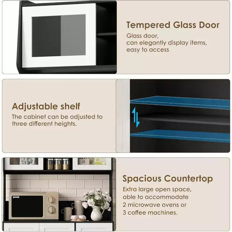 Mobiletto regolabile alto 67 pollici con ante in vetro temperato, piano spazioso, mobiletto moderno per cucina, angolo caffè, organizer da ufficio