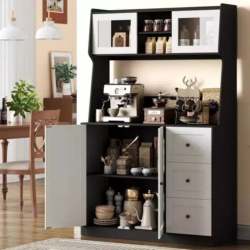 Mobiletto regolabile alto 67 pollici con ante in vetro temperato, piano spazioso, mobiletto moderno per cucina, angolo caffè, organizer da ufficio