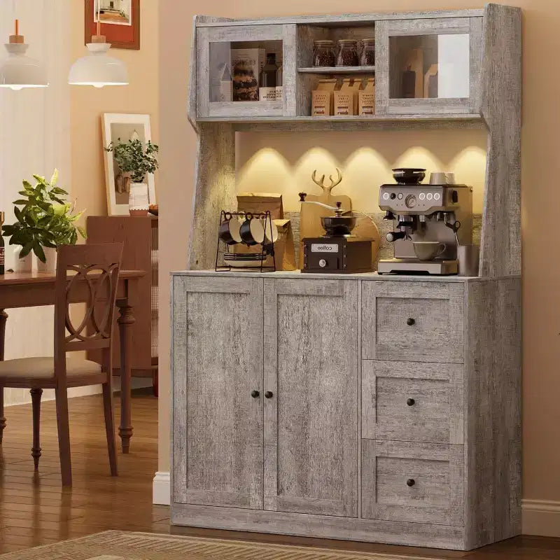 Mobiletto regolabile alto 67 pollici con ante in vetro temperato, piano spazioso, mobiletto moderno per cucina, angolo caffè, organizer da ufficio