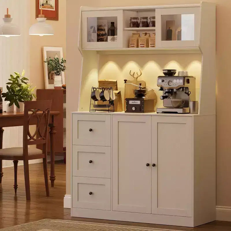 Mobiletto regolabile alto 67 pollici con ante in vetro temperato, piano spazioso, mobiletto moderno per cucina, angolo caffè, organizer da ufficio