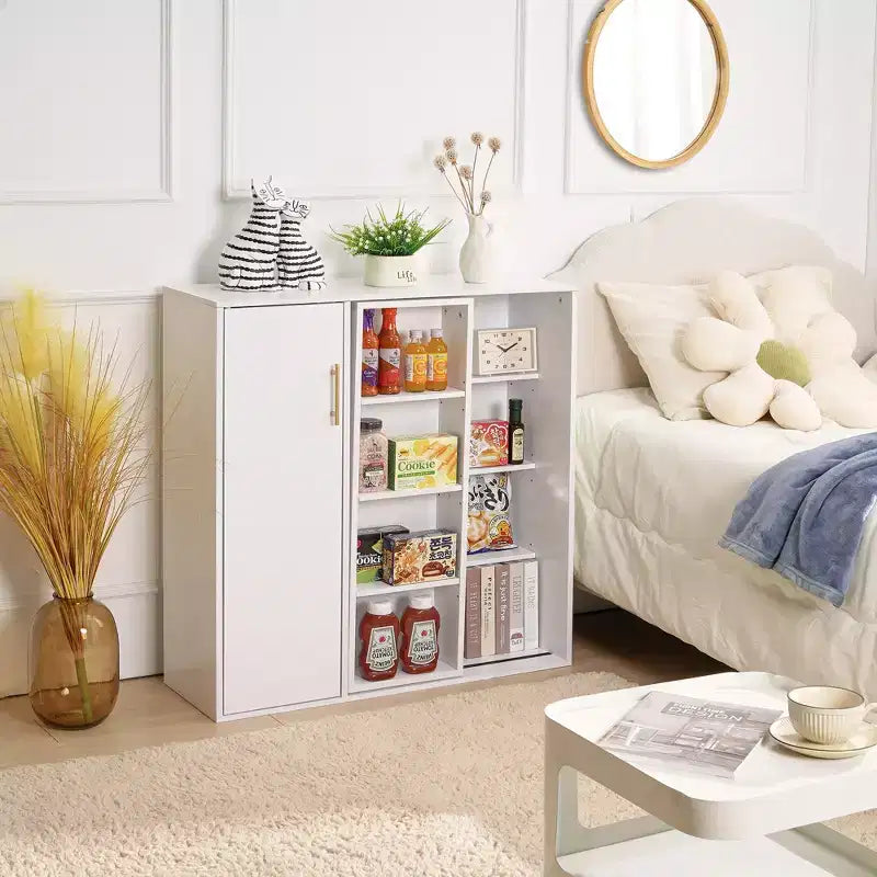Mobiletto Contenitore a Colonna a 4 Ripiani, Dispensa da Cucina con Anta e Ripiani Regolabili, Organizzatore Autoportante per Bagno, Bianco