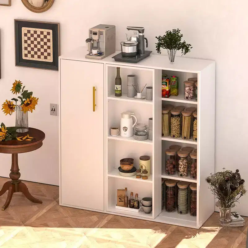 Mobiletto Contenitore a Colonna a 4 Ripiani, Dispensa da Cucina con Anta e Ripiani Regolabili, Organizzatore Autoportante per Bagno, Bianco