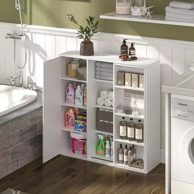 Mobiletto Contenitore a Colonna a 4 Ripiani, Dispensa da Cucina con Anta e Ripiani Regolabili, Organizzatore Autoportante per Bagno, Bianco