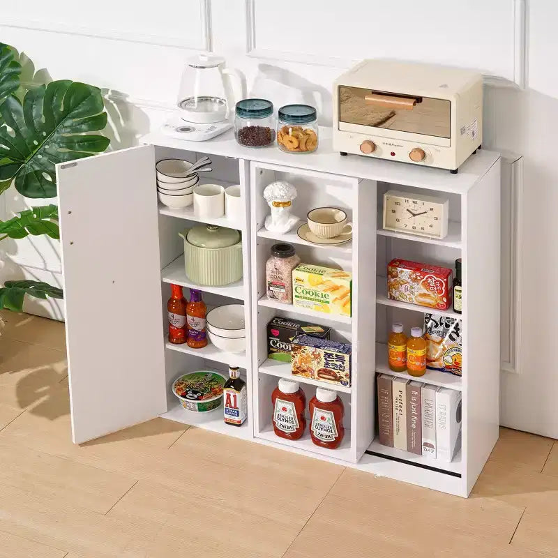 Mobiletto Contenitore a Colonna a 4 Ripiani, Dispensa da Cucina con Anta e Ripiani Regolabili, Organizzatore Autoportante per Bagno, Bianco