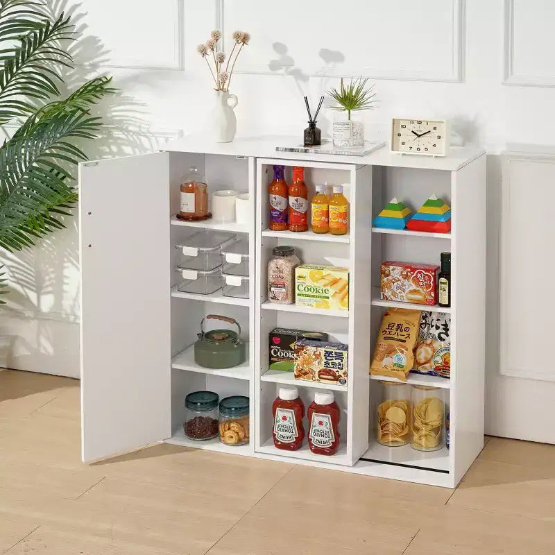 Mobiletto Contenitore a Colonna a 4 Ripiani, Dispensa da Cucina con Anta e Ripiani Regolabili, Organizzatore Autoportante per Bagno, Bianco