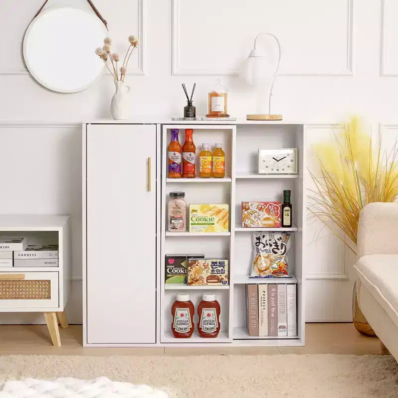 Mobiletto Contenitore a Colonna a 4 Ripiani, Dispensa da Cucina con Anta e Ripiani Regolabili, Organizzatore Autoportante per Bagno, Bianco