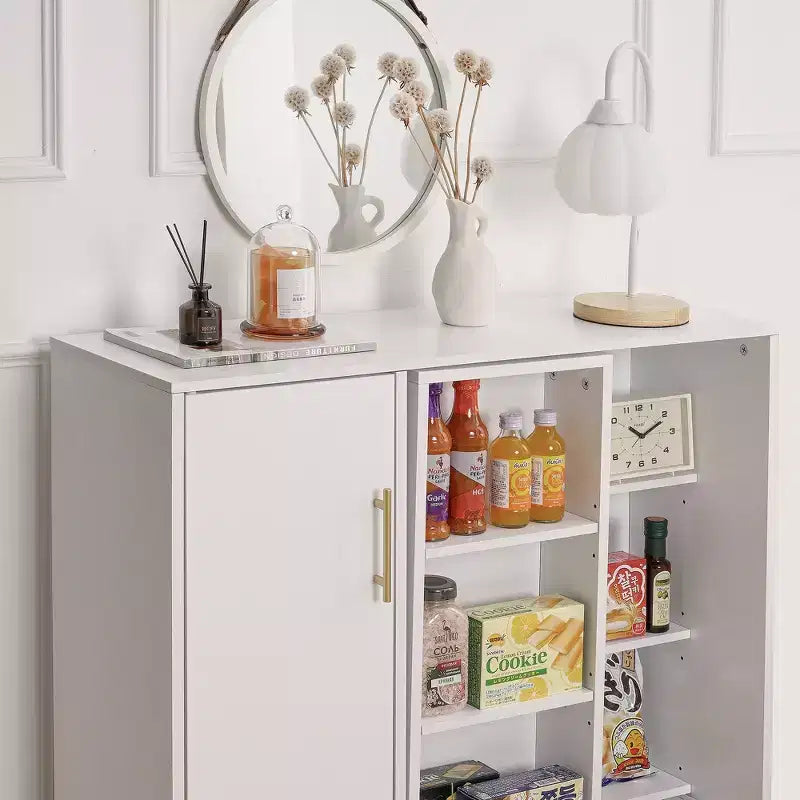 Mobiletto Contenitore a Colonna a 4 Ripiani, Dispensa da Cucina con Anta e Ripiani Regolabili, Organizzatore Autoportante per Bagno, Bianco