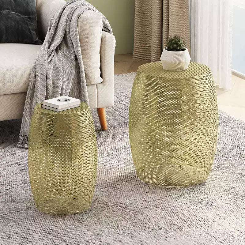Modern Round Metal Hollow Side Tables - Set of 2