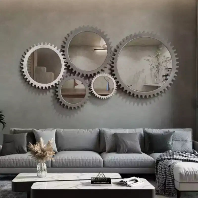 Specchio Decorativo Rotondo da Parete Vintage 66 cm x 66 cm con Ingranaggi in Legno, Pesante, per Bagno Soggiorno Ingresso o da Comporre a Piacimento