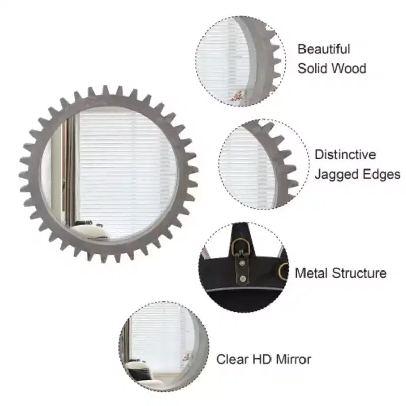 Specchio Decorativo Rotondo da Parete Vintage 66 cm x 66 cm con Ingranaggi in Legno, Pesante, per Bagno Soggiorno Ingresso o da Comporre a Piacimento