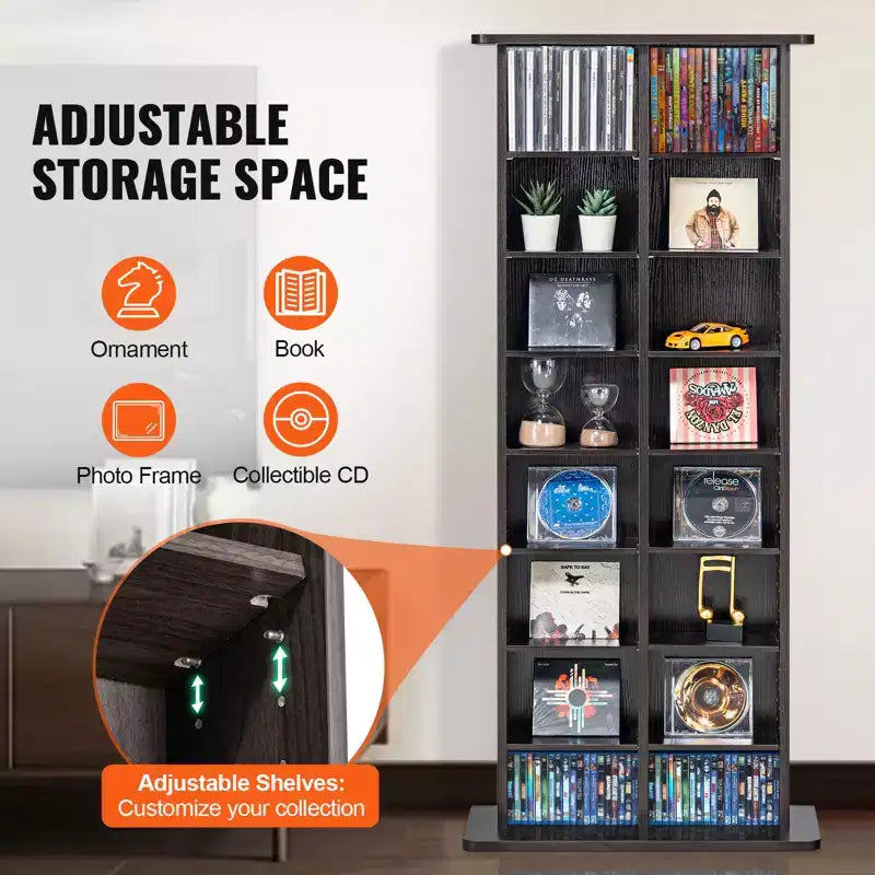 Mobiletto Porta CD/DVD, Scaffale a 8 Ripiani per DVD Contiene Fino a 464 CD, Ripiani Regolabili con 16 Scomparti, Protegge e Organizza Musica e Film