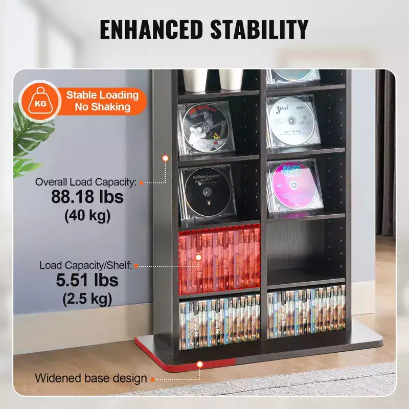 Mobiletto Porta CD/DVD, Scaffale a 8 Ripiani per DVD Contiene Fino a 464 CD, Ripiani Regolabili con 16 Scomparti, Protegge e Organizza Musica e Film