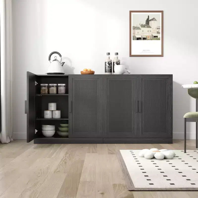 31x62x16 Credenza effetto Legno in Nero, Mobile Contenitore con Ripiani Regolabili e Ante in Rattan per Cucina, Camera da Letto, Soggiorno/Sala da Pranzo