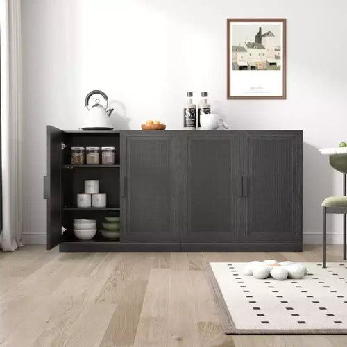 31x62x16 Credenza effetto Legno in Nero, Mobile Contenitore con Ripiani Regolabili e Ante in Rattan per Cucina, Camera da Letto, Soggiorno/Sala da Pranzo