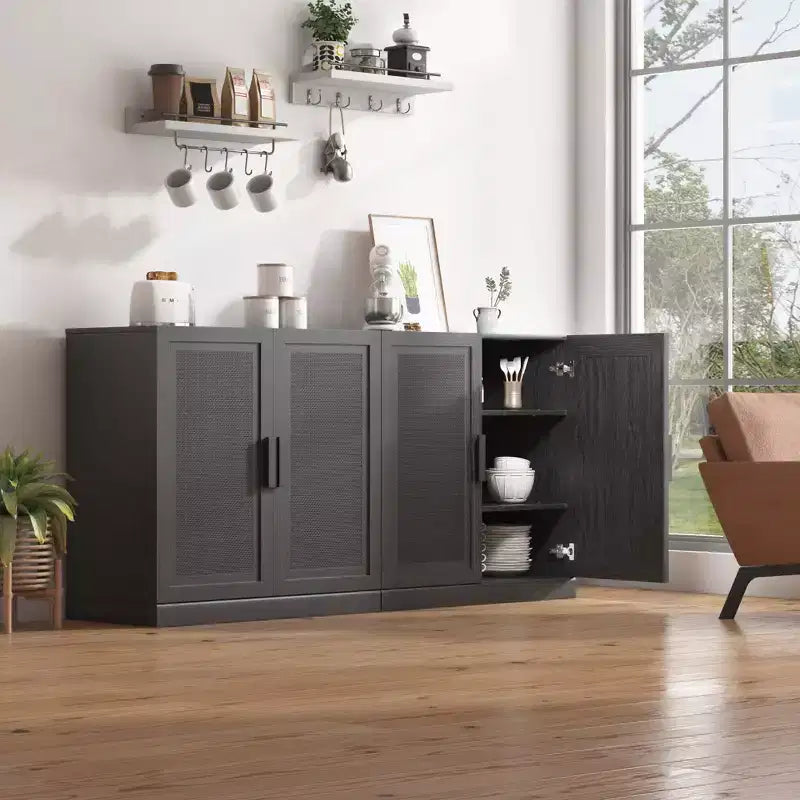 31x62x16 Credenza effetto Legno in Nero, Mobile Contenitore con Ripiani Regolabili e Ante in Rattan per Cucina, Camera da Letto, Soggiorno/Sala da Pranzo