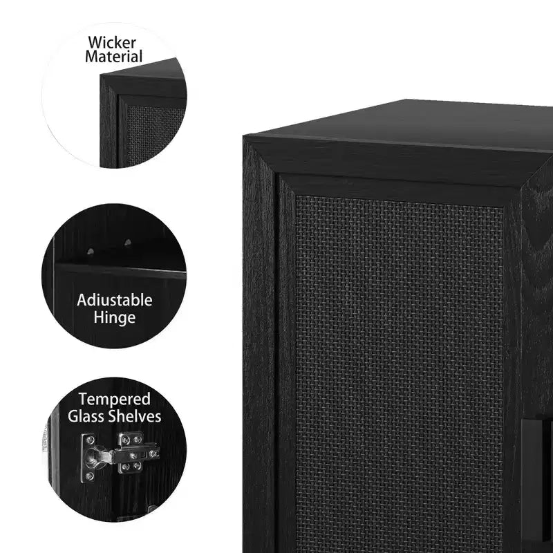 31x62x16 Credenza effetto Legno in Nero, Mobile Contenitore con Ripiani Regolabili e Ante in Rattan per Cucina, Camera da Letto, Soggiorno/Sala da Pranzo