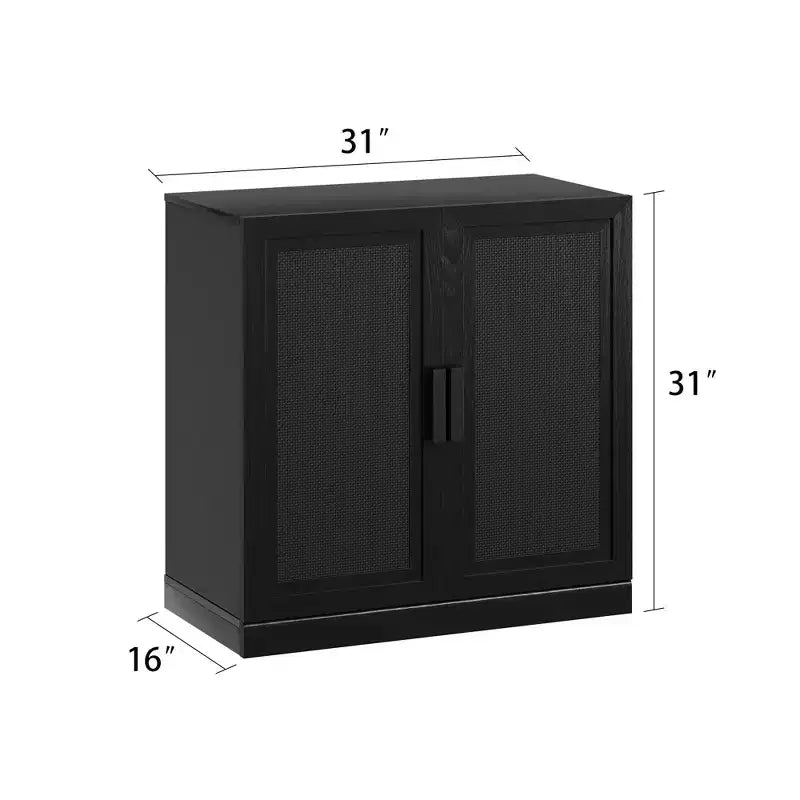 31x62x16 Credenza effetto Legno in Nero, Mobile Contenitore con Ripiani Regolabili e Ante in Rattan per Cucina, Camera da Letto, Soggiorno/Sala da Pranzo