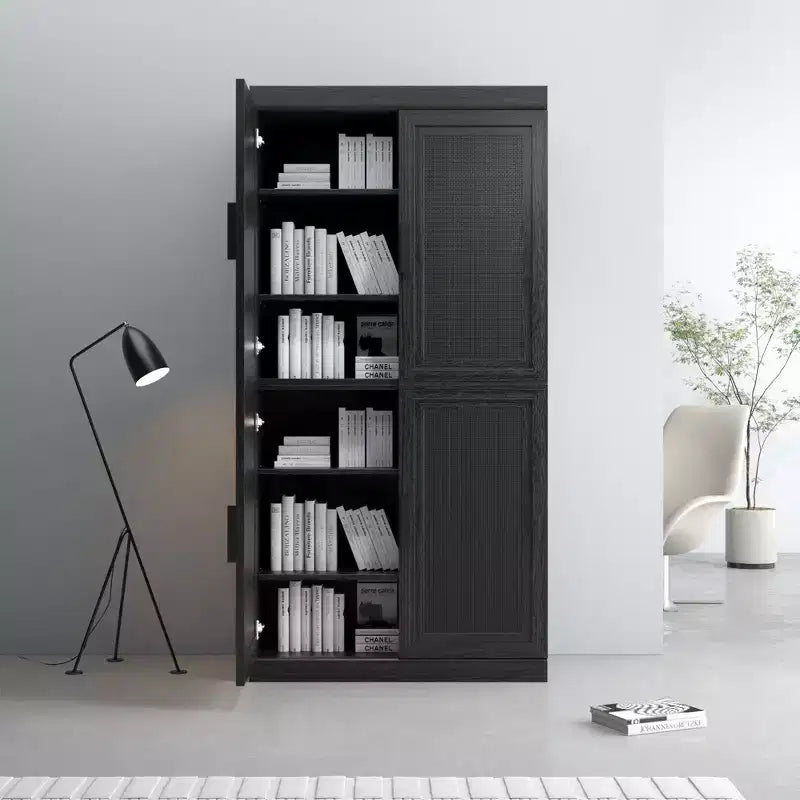 31x62x16 Credenza effetto Legno in Nero, Mobile Contenitore con Ripiani Regolabili e Ante in Rattan per Cucina, Camera da Letto, Soggiorno/Sala da Pranzo