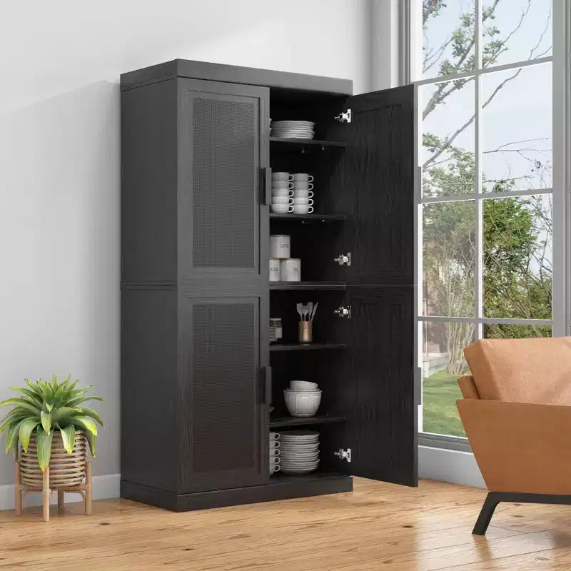 31x62x16 Credenza effetto Legno in Nero, Mobile Contenitore con Ripiani Regolabili e Ante in Rattan per Cucina, Camera da Letto, Soggiorno/Sala da Pranzo