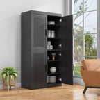 31x62x16 Credenza effetto Legno in Nero, Mobile Contenitore con Ripiani Regolabili e Ante in Rattan per Cucina, Camera da Letto, Soggiorno/Sala da Pranzo
