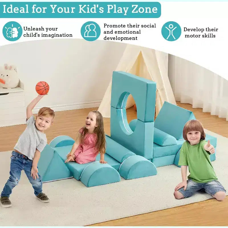 Divano Modulare per Bambini - Set da 15 Pezzi con Morbide Fodere in Velluto, Forme Riconfigurabili per Sale Giochi e Divertimento al Chiuso (Blu)