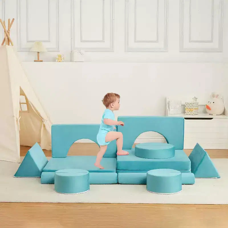 Divano Modulare per Bambini - Set da 15 Pezzi con Morbide Fodere in Velluto, Forme Riconfigurabili per Sale Giochi e Divertimento al Chiuso (Blu)