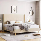 Letto in velluto a coste di dimensioni standard, con testiera a strisce verticali alta 51 pollici, non richiede box spring/doghe in legno/beige