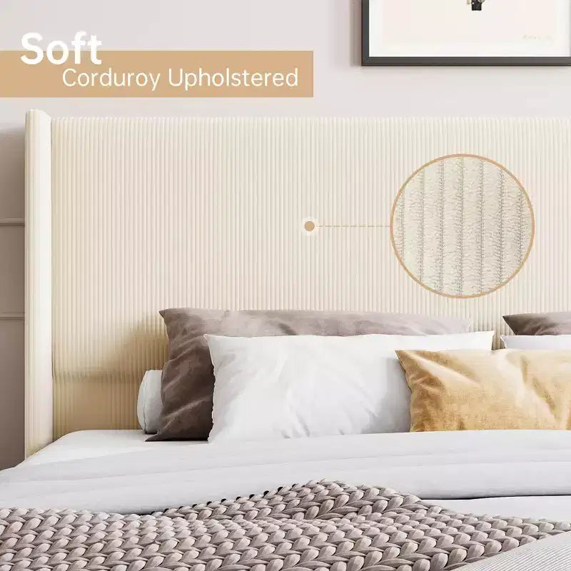 Letto in velluto a coste di dimensioni standard, con testiera a strisce verticali alta 51 pollici, non richiede box spring/doghe in legno/beige