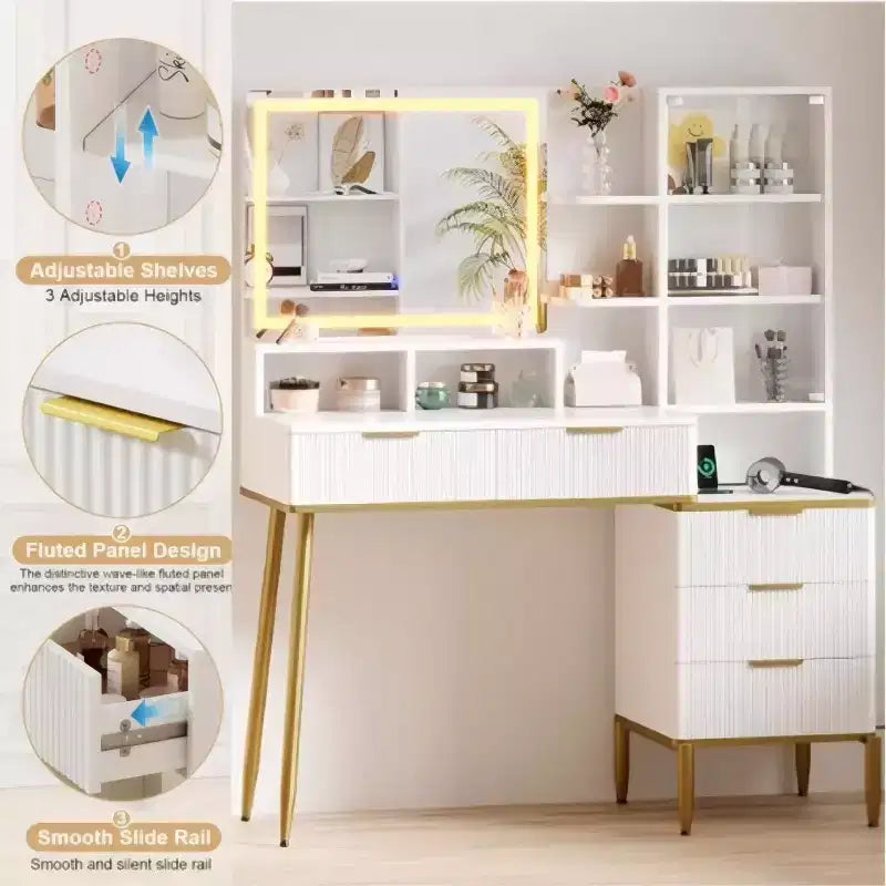 Cassettiera da camera da letto con luce e presa di corrente, Scaffale in legno con 5 cassetti, Design moderno ad alcova, Perfetta per camera da letto o spogliatoio