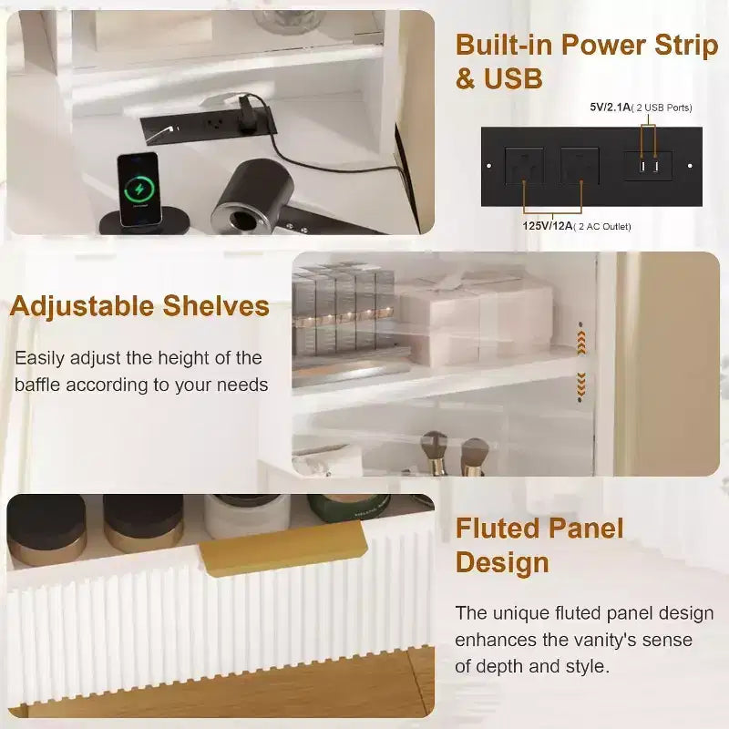 Cassettiera da camera da letto con luce e presa di corrente, Scaffale in legno con 5 cassetti, Design moderno ad alcova, Perfetta per camera da letto o spogliatoio
