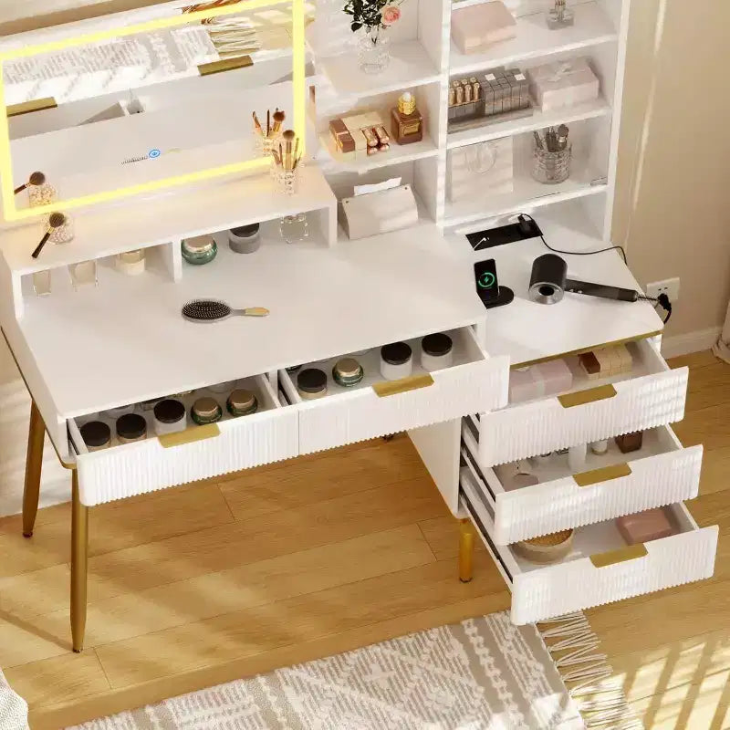 Cassettiera da camera da letto con luce e presa di corrente, Scaffale in legno con 5 cassetti, Design moderno ad alcova, Perfetta per camera da letto o spogliatoio