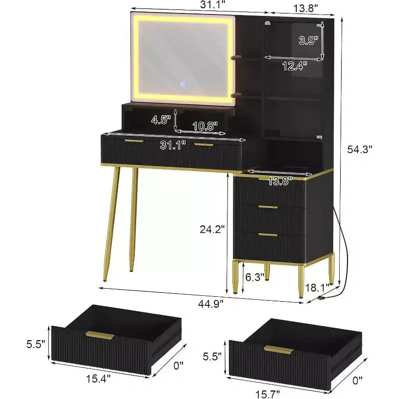 Cassettiera da camera da letto con luce e presa di corrente, Scaffale in legno con 5 cassetti, Design moderno ad alcova, Perfetta per camera da letto o spogliatoio