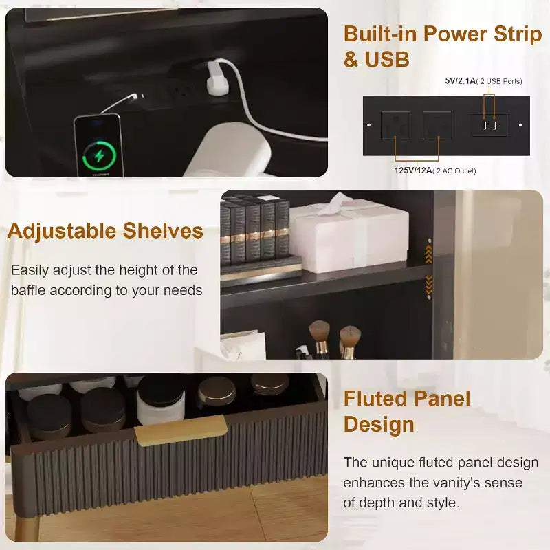 Cassettiera da camera da letto con luce e presa di corrente, Scaffale in legno con 5 cassetti, Design moderno ad alcova, Perfetta per camera da letto o spogliatoio