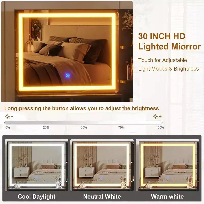 Cassettiera da camera da letto con luce e presa di corrente, Scaffale in legno con 5 cassetti, Design moderno ad alcova, Perfetta per camera da letto o spogliatoio