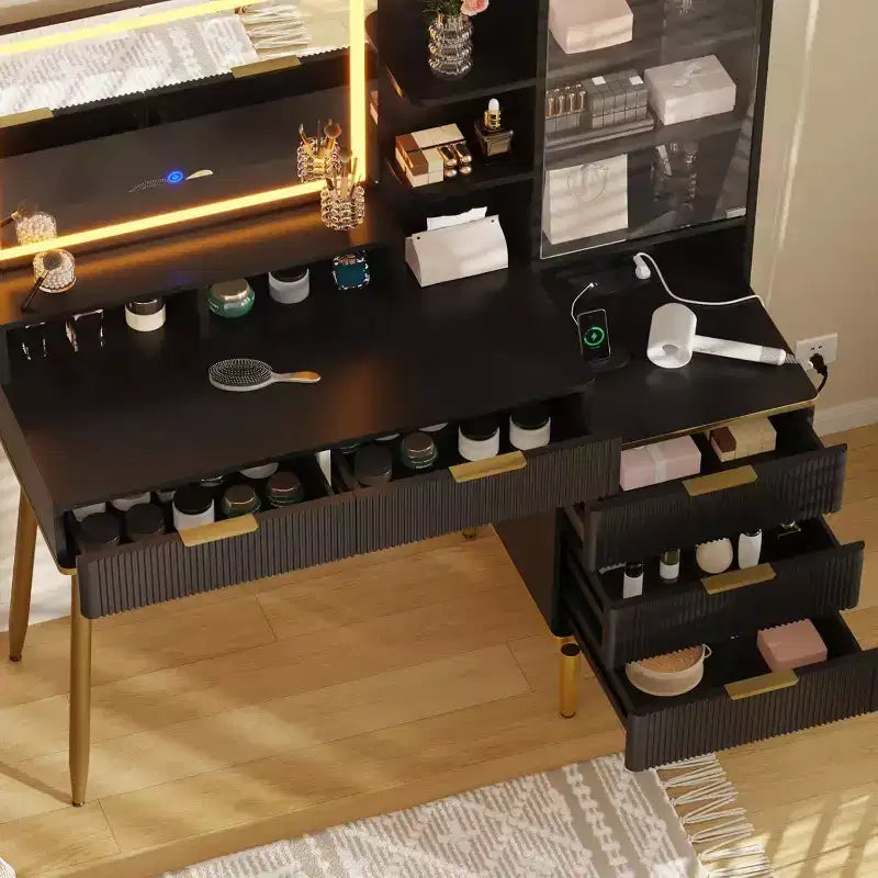 Cassettiera da camera da letto con luce e presa di corrente, Scaffale in legno con 5 cassetti, Design moderno ad alcova, Perfetta per camera da letto o spogliatoio